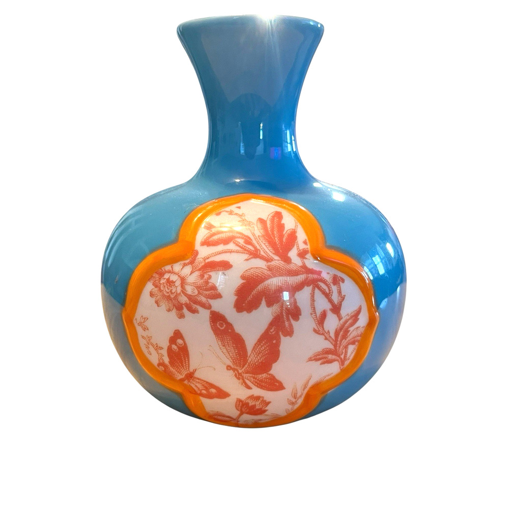 Anthropologie Porcelain Bud Vase Garden Glimpse Aqua Orange Toile Butterflies